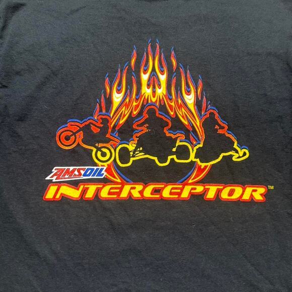 Vintage Y2K Interceptor Flame Graphic Biker Tee Mens Medium Double Sided Shirt - Picture 2 of 5